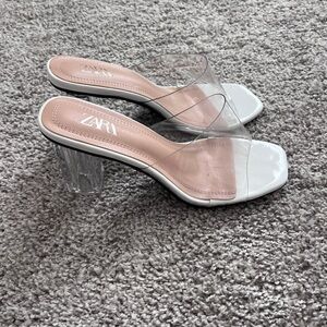 Zara White Clear Strap Block Heel Mules
